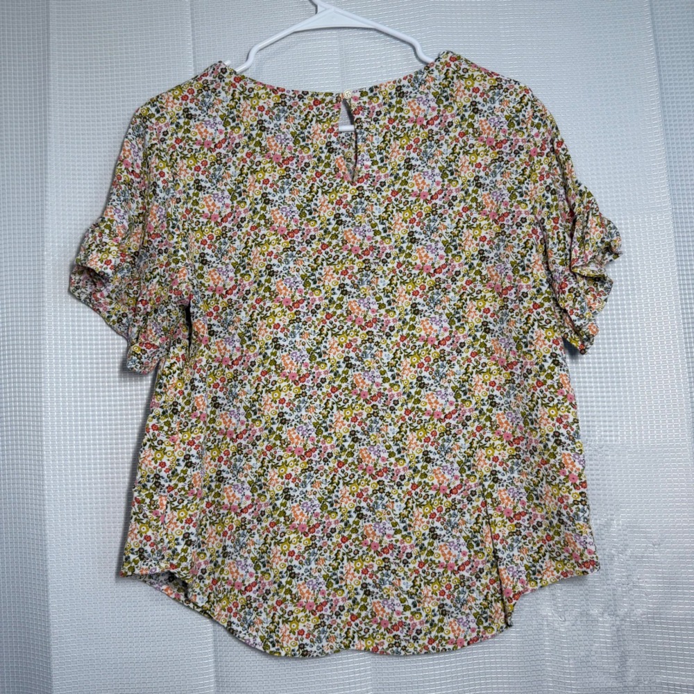 LOFT Floral Ruffle Sleeve Top Medium Multicolor Ditsy Print Rayon Blouse - Picture 2 of 4